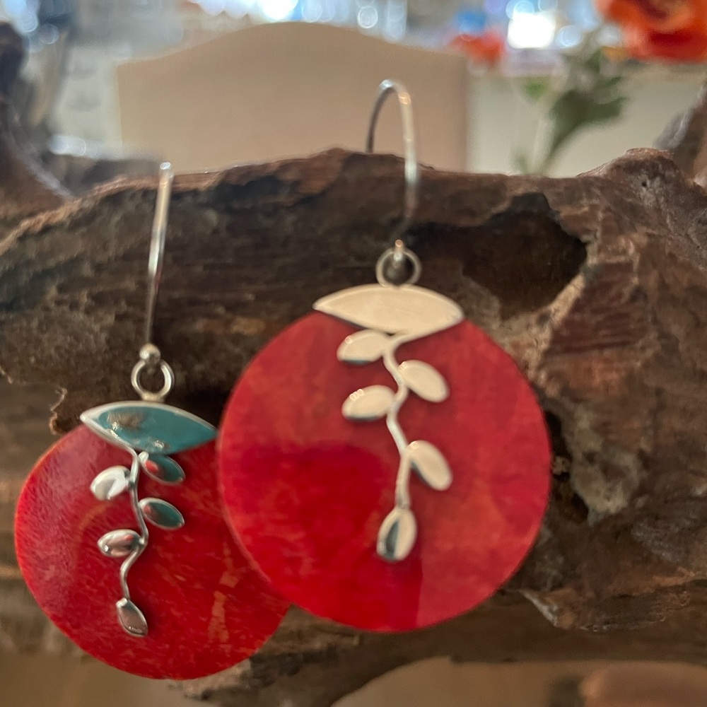 Coral and silver fishhook earrings